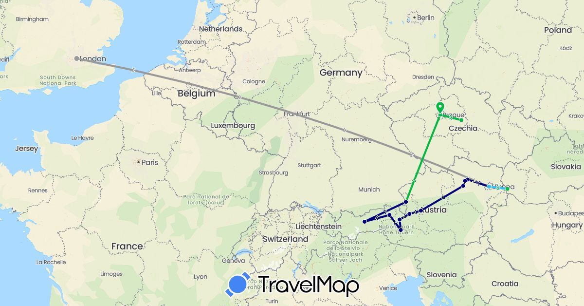 TravelMap itinerary: driving, bus, plane, boat in Austria, Czech Republic, United Kingdom, Slovakia (Europe)